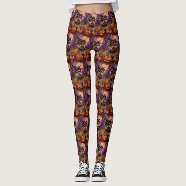 Leggings Éffrayant Biewer Terrier Halloween Witch Et Citrou (Devant)