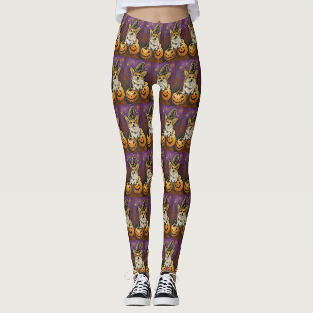 Leggings Éffrayant Corgi Chien Halloween Citrouille sorcier (Devant)