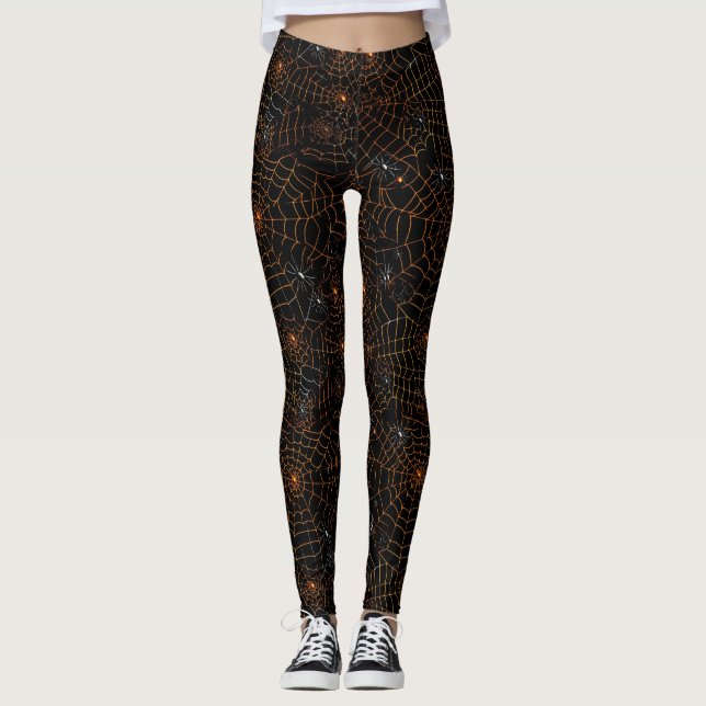 Leggings Éffrayant Halloween Spider Web Noir Orange Blanc (Devant)