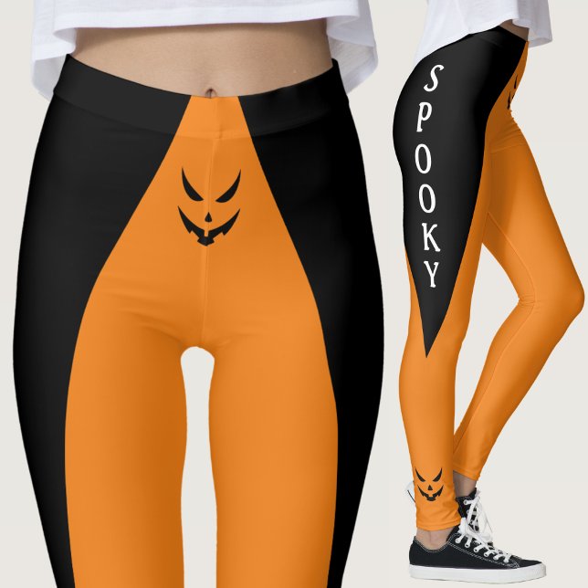 Leggings Éffrayant Jack-o'-lantern Citrouille Orange Hallow (black and orange spooky jack o lantern face Halloween leggings)