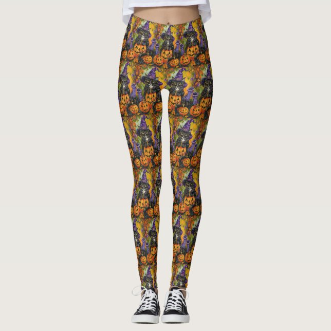 Leggings Éffrayant Tuxedo Chat Halloween Sorcière Et Citrou (Devant)
