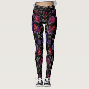 Leggings Élégance foncée : Motif floral noir et pourpre