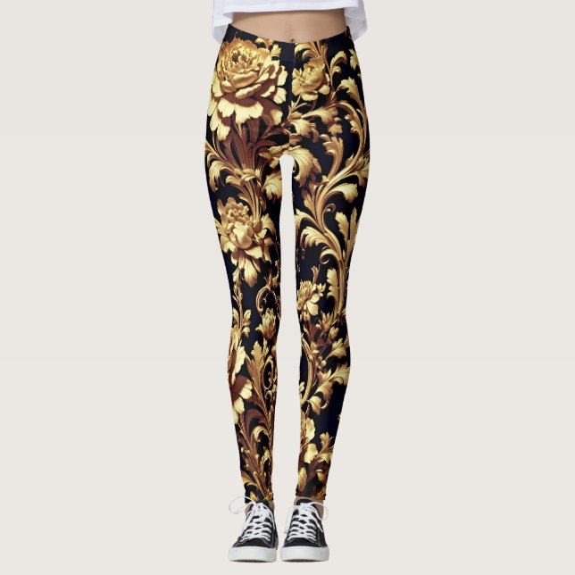 Leggings Elégance redéfinie : Noir et or Floral flamand (Devant)