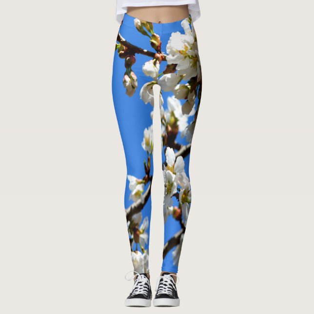Leggings Élégant arbre à fleurs de fleurs de printemps blan (Devant)