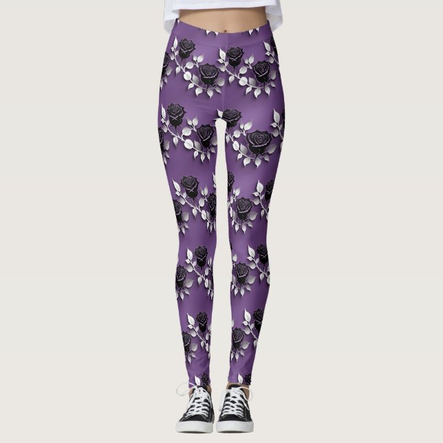 Leggings Elegant Black Roses With Silver Leaves (Devant)