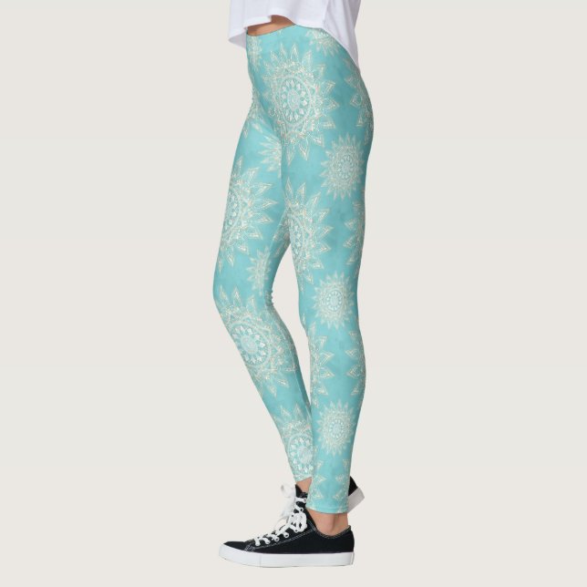 Leggings Elégant Blanc Gold Mandala Sky Blue Design (Gauche)