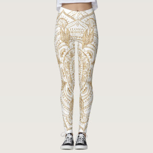 Leggings Elégant blanc & or Mandala conception main dessin