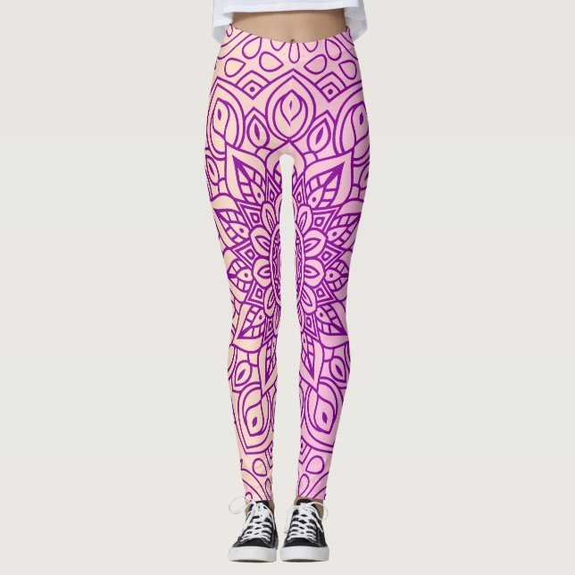 Leggings Élégant Dégradé Purple Peach Motif Mandala (Devant)