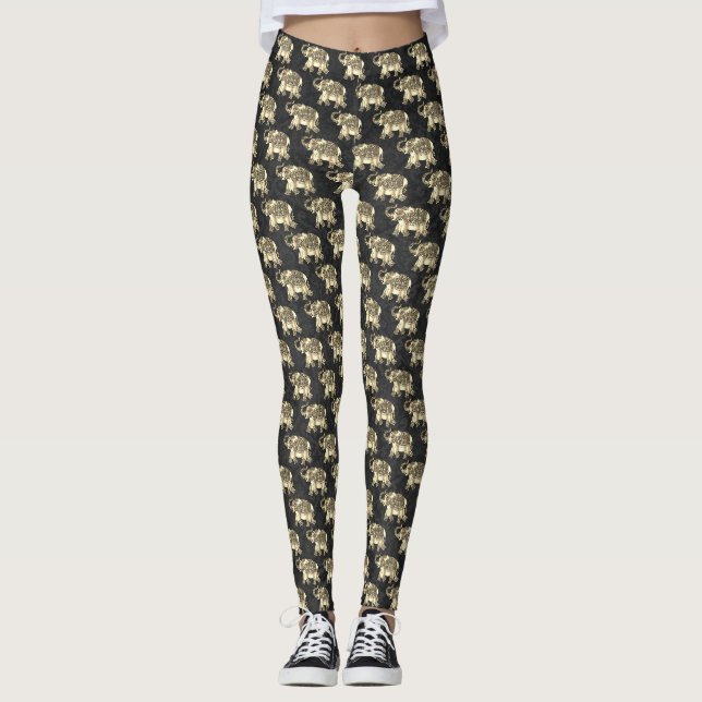 Leggings Elégant Eléphants Floraux Paisley Or, Damas Noir (Devant)