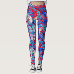 Leggings Élégant gros papillons colorés Fleurs sur le rouge