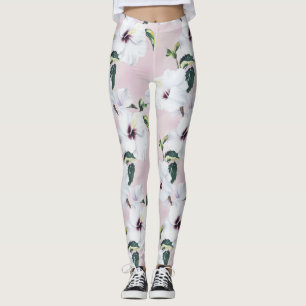 Leggings Elégant Hibiscus blanc sur Arrière - plan rose dou