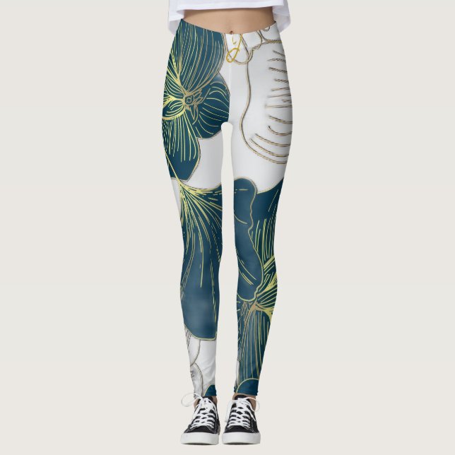 Leggings Elegant Leaves of Blue With Gold Lines Botanical (Devant)