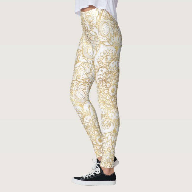 Leggings Élégant Mandala Floral Or Blanc (Gauche)