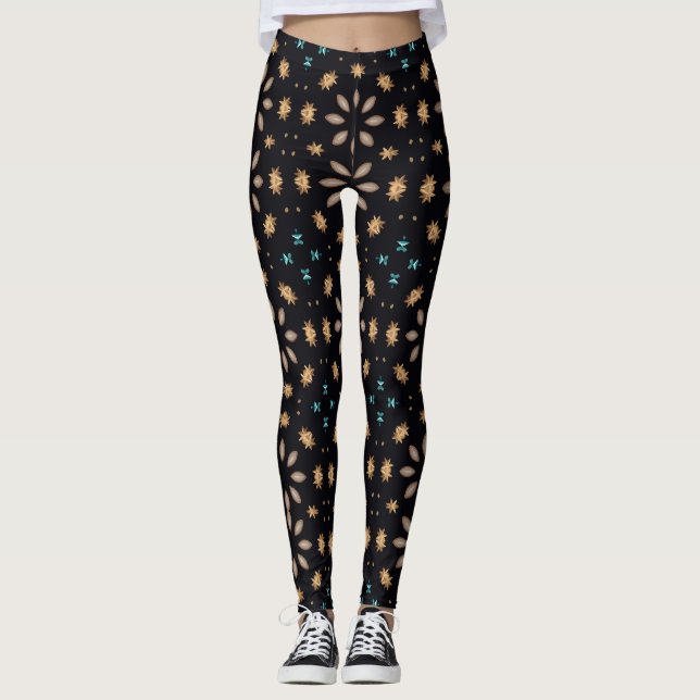 Leggings Élégant modèle floral géométrique noir et or (Devant)