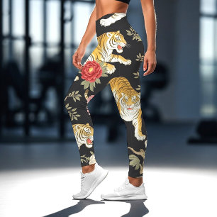 Leggings Élégant motif de chinoiserie noir avec tigre et pi