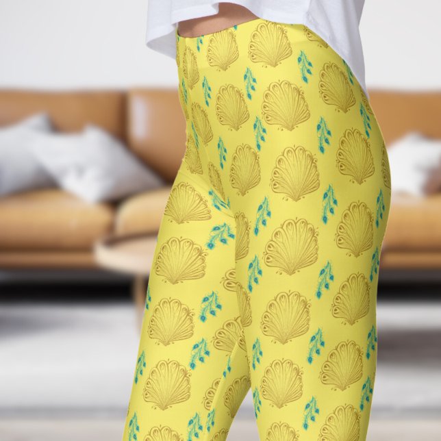 Leggings Élégant Motif de fanon de paon jaune (Peacock Fan on Corn Leggings)