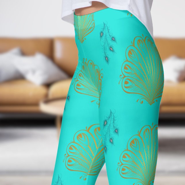 Leggings Élégant Motif de ventilateur bleu turquoise Peacoc (Peacock Fan on Bright Turquoise Leggings)