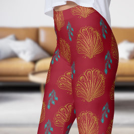 Leggings Élégant Motif de ventilateur Carmine Red Peacock