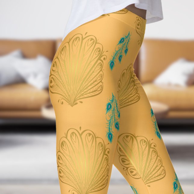 Leggings Élégant Motif de ventilateur Peacock Peach (Peacock Fan on Peach Leggings)