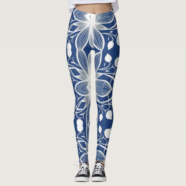 Leggings Elégant Motif en tissu blanc floral sur le bleu pr (Devant)