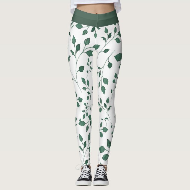 Leggings Élégant Motif feuille blanche et verte Imprimer (Devant)