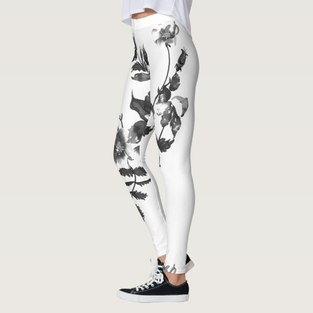 Leggings Elégant noir blanc aquarelle rose floral (Gauche)