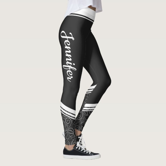Leggings Élégant noir floral blanc rayures et nom moderne (Droite)