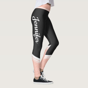 Leggings Élégant noir & rose floral blanc rayures et nom