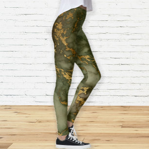 Leggings Elégant Olive Green et Gold Marble
