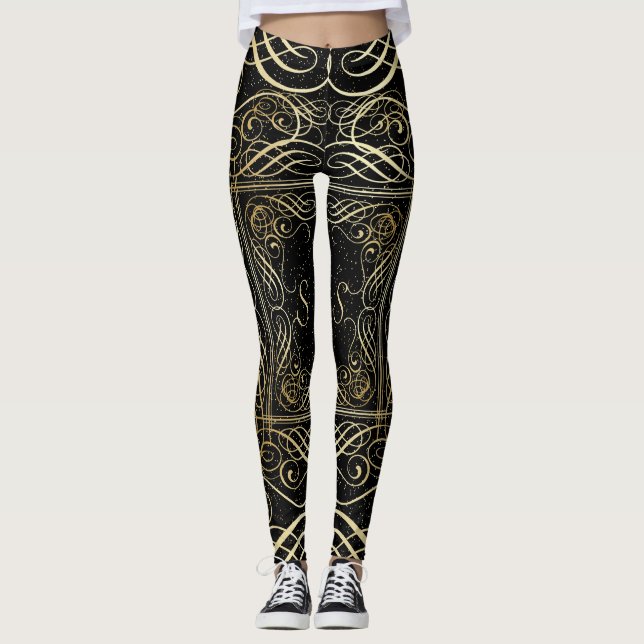 Leggings Élégant or Foil Look Scrollwork Script sur noir (Devant)