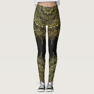 Leggings Elégant or sur Soft Black Floral Henna Mandala