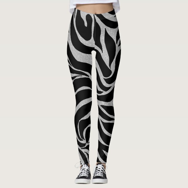 Leggings Elégant Parties scintillant noire Silver Zebra Pos (Devant)