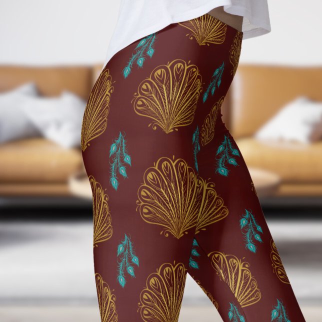 Leggings Élégant Rose Red Peacock Motif de ventilateur (Peacock Fan on Bulgarian Rose Leggings)