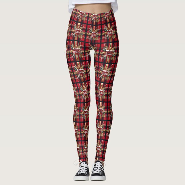 Leggings Élégant rouge et or Festif Plaid (Devant)