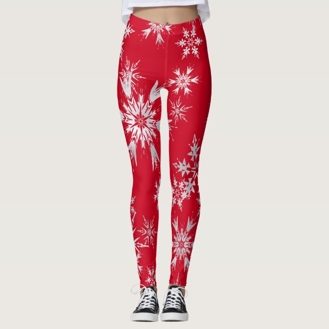 Leggings Élégant Snowflakes d'hiver | Arrière - plan rouge (Devant)