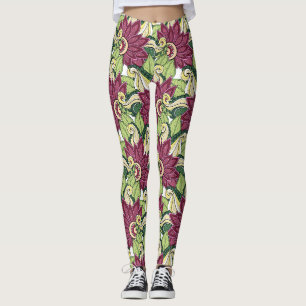 Leggings Elégante Bourgogne Vert Fleurs Jaunes Et Tourbillo