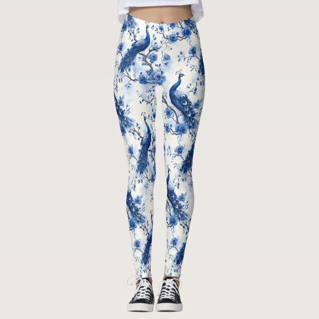 Leggings Elégante Chinoiserie Française Aquarelle Bleue Pea (Devant)