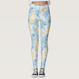 Leggings Elégante feuille bleu et or inspirée de la taille