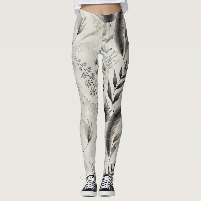 Leggings Élégante Impression Botanique Hauteur Haut Taille (Devant)
