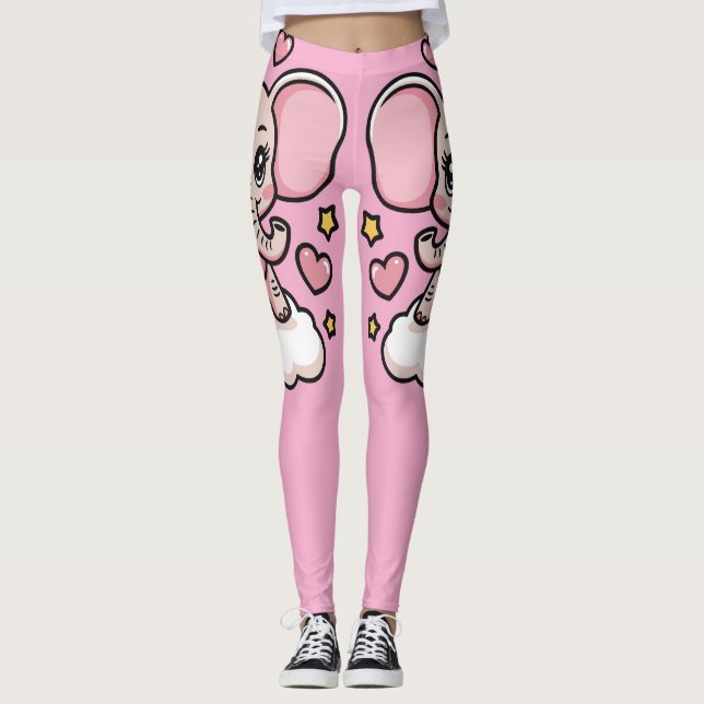 Leggings Eléphant rose joli Flying Whimsical Etoiles &coeur (Devant)