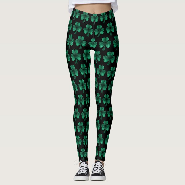 Leggings Emerald Green Sparkles Shamrock motif noir (Devant)