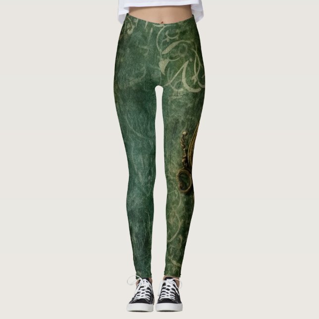 Leggings Émeraude Green Rustic Steampunk Horloge (3) (Devant)