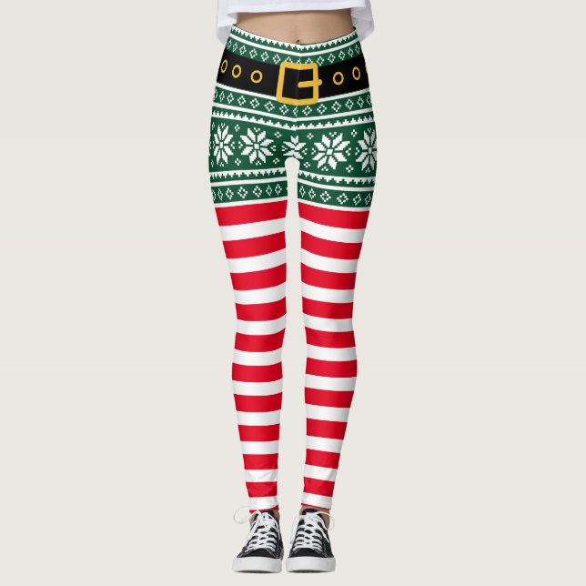 Leggings Empreinte de flocon de neige rayé rouge et vert (Devant)
