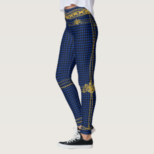 Leggings Empress Gold Chain Emblem Black Blue Houndstooth
