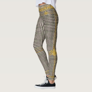 Leggings Empress Gold Chain Emblem Black Cream Houndstooth