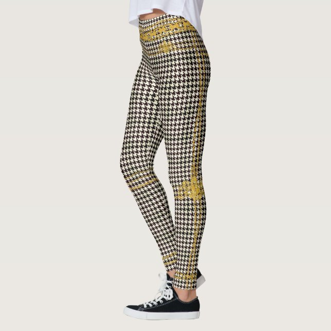 Leggings Empress Gold Chain Emblem Black Cream Houndstooth (Gauche)