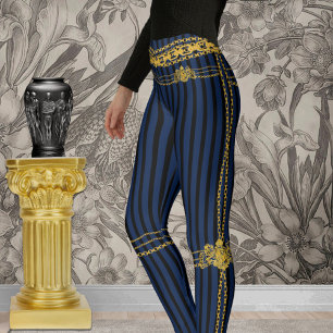 Leggings Empress Gold Chain Lion Emblem Black Blue Stripe