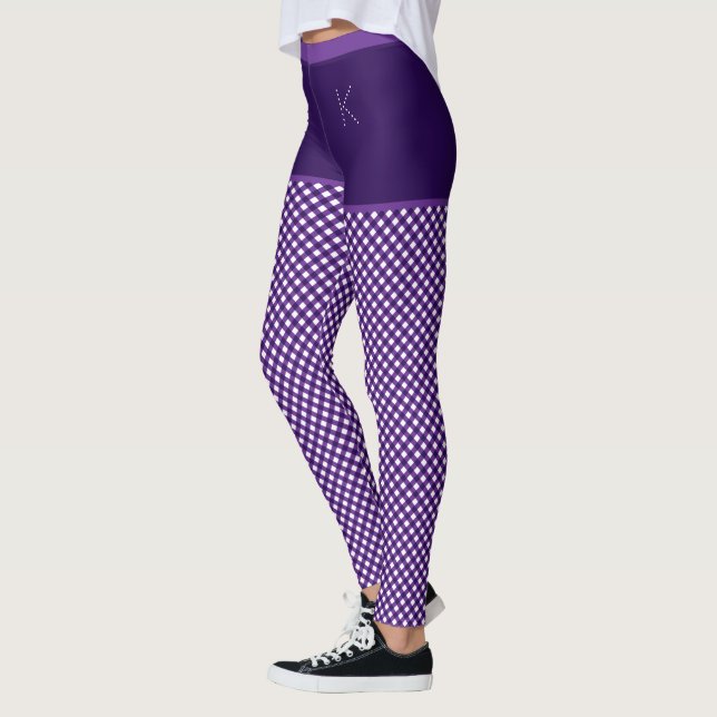 Leggings en vichy Imprimer violet blanc monogramme personna (Gauche)