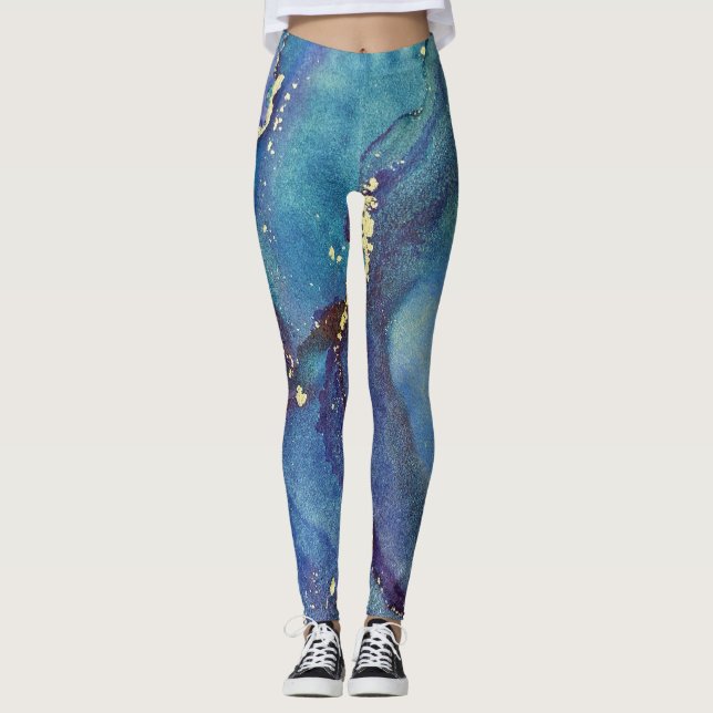 Leggings Encre Abstraite d'alcool vert pourpre bleu et or (Devant)