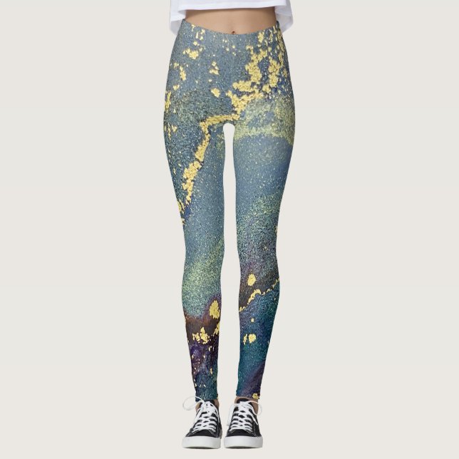 Leggings Encre d'alcool Abstraite Art Bleu Turquoise et or (Devant)